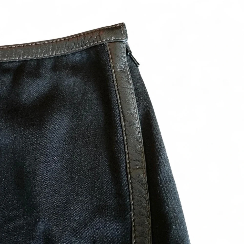 Black DKNY Wool Midi Office Siren Skirt Leather Trim Sz 2